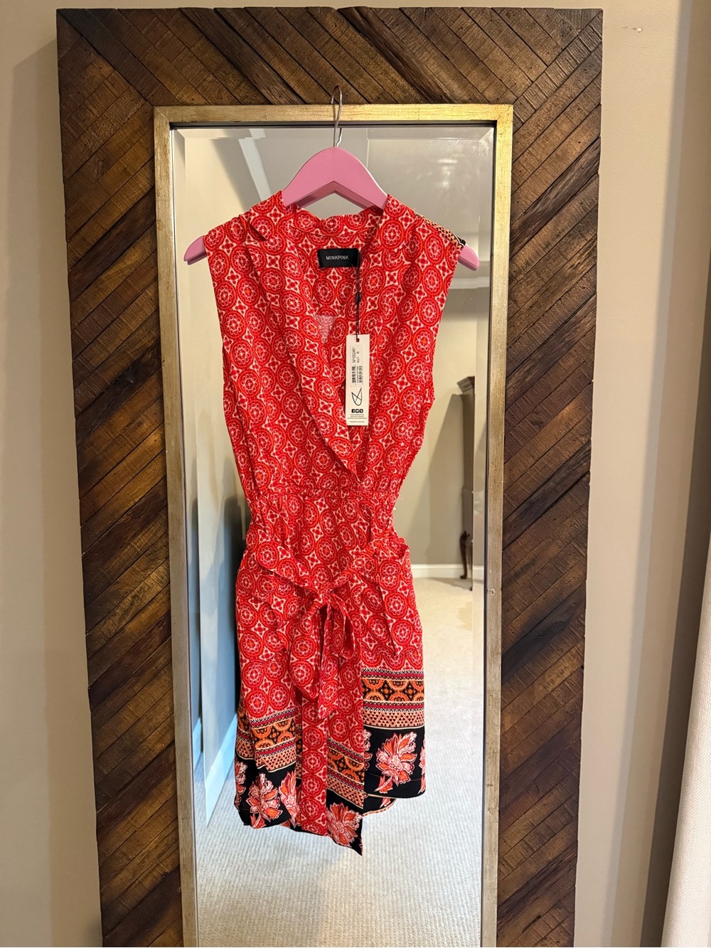 MINKPINK Red Printed Sleeveless Tie-Waist Mini Dress
